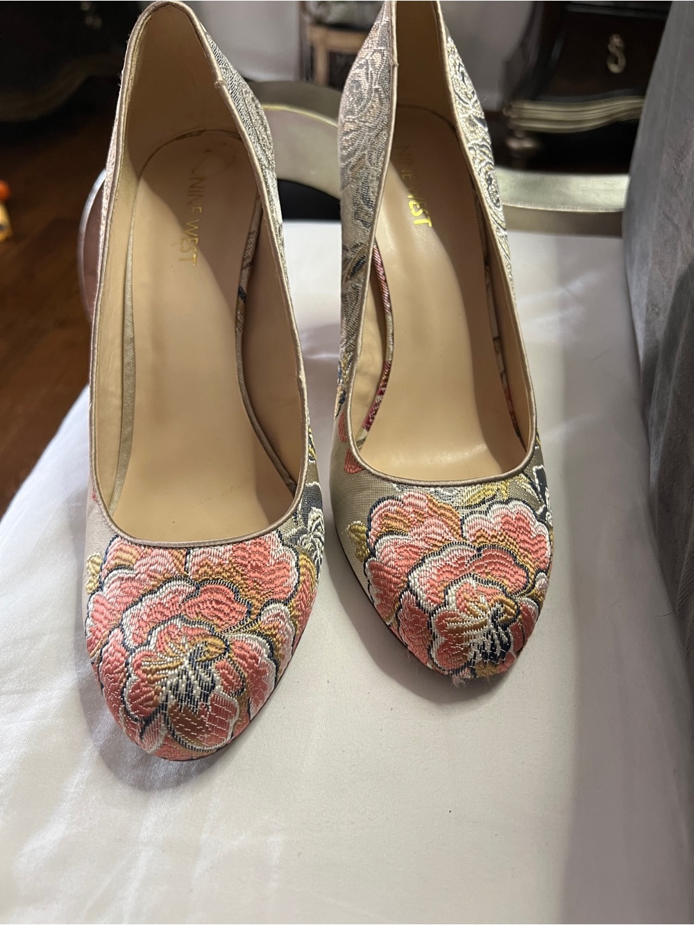 Nine West Pink Floral Embroidered Pumps